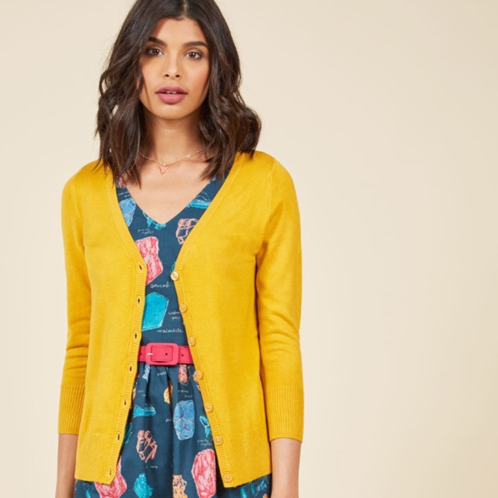 Modcloth Charter School Cardigan in mustard.